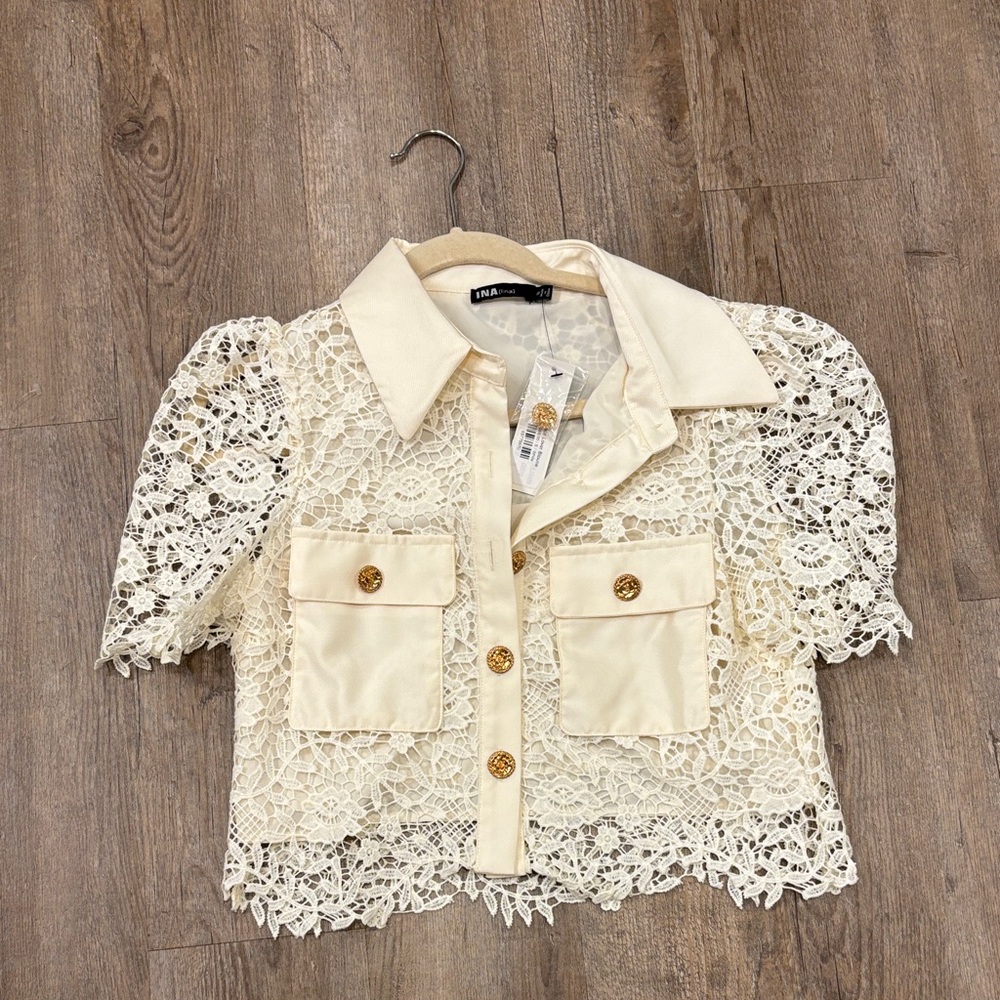 Cream Lace Blouse with Gold Buttons